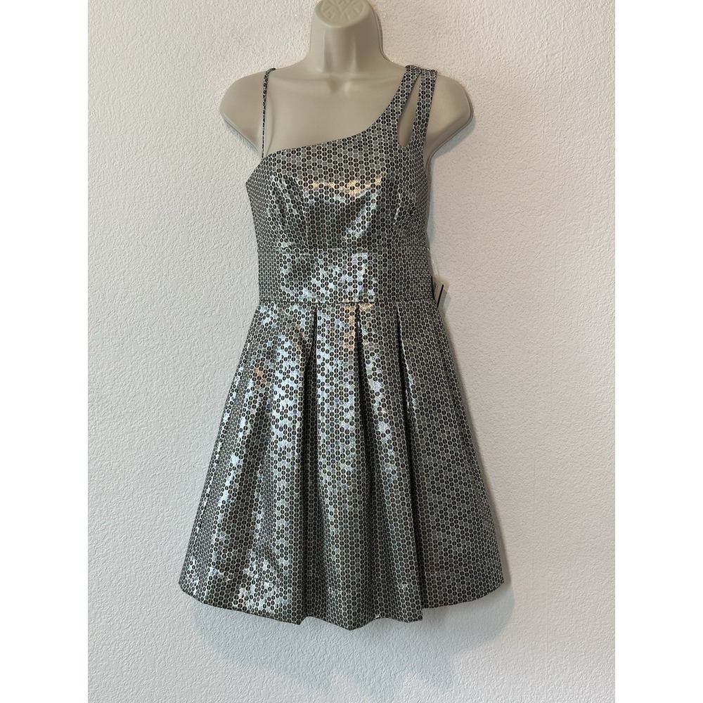 New Teeze Me Y2K One Shoulder Fit Flare Dress Brown Silver Dot Event Cocktail